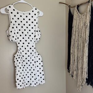 White Polka Dot Sleeveless Rib Cutout Dress